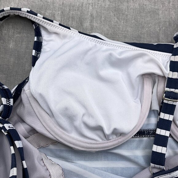 Lands End Swim Top Women 6 Blue White Ruched  Underwire Tankini Bra Wide Strap - Picture 4 of 7